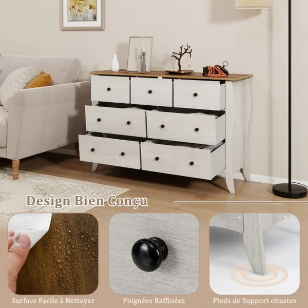 Commode pour Chambre de 120 cm Commode Rustique Meuble de Rangement avec 7 Tiroirs en Tissu Pliables et Kits Anti-basculement Gris