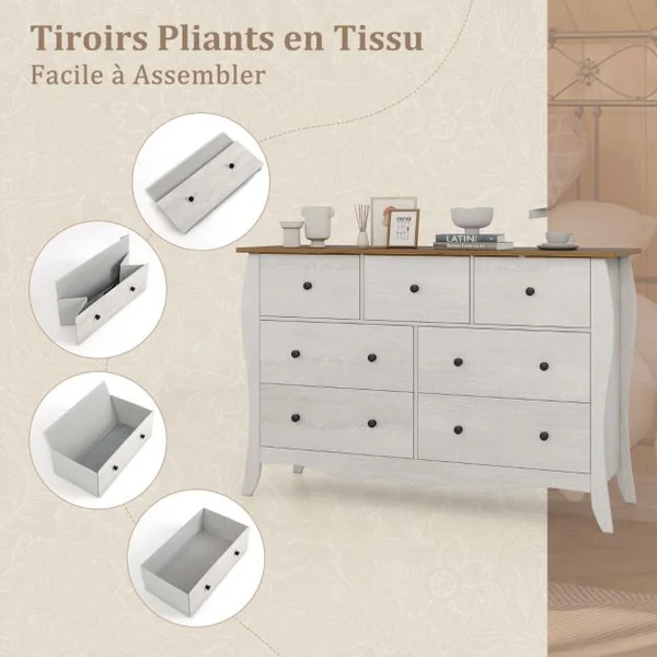 Commode pour Chambre de 120 cm Commode Rustique Meuble de Rangement avec 7 Tiroirs en Tissu Pliables et Kits Anti-basculement Gris