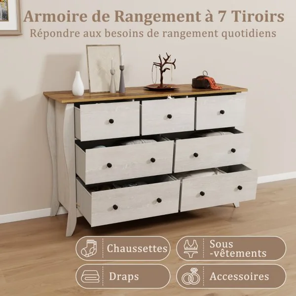 Commode pour Chambre de 120 cm Commode Rustique Meuble de Rangement avec 7 Tiroirs en Tissu Pliables et Kits Anti-basculement Gris