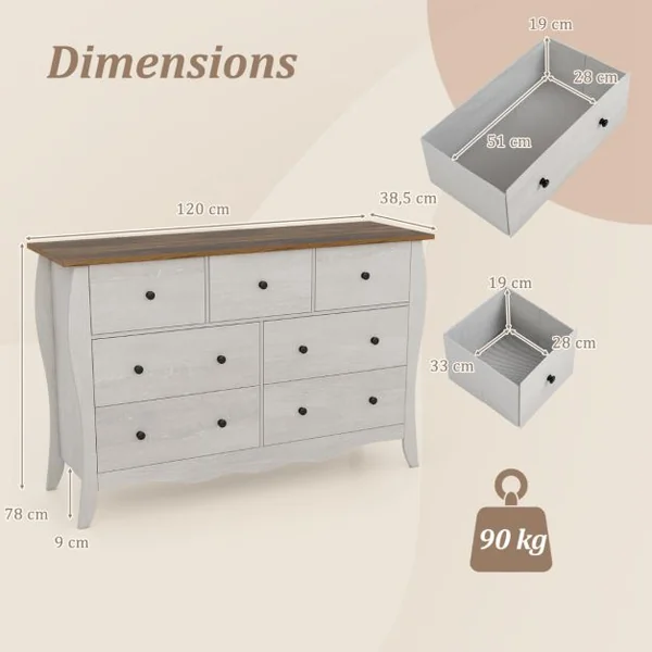 Commode pour Chambre de 120 cm Commode Rustique Meuble de Rangement avec 7 Tiroirs en Tissu Pliables et Kits Anti-basculement Gris