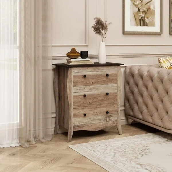 Commode pour Chambre de 76,5 cm Commode Rustique Meuble de Rangement avec 3 Tiroirs en Tissu Pliables et Kit Anti-basculement Gris