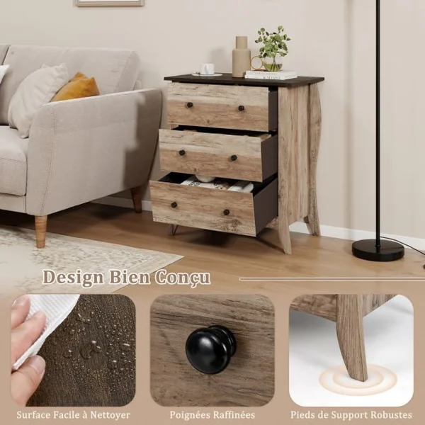 Commode pour Chambre de 76,5 cm Commode Rustique Meuble de Rangement avec 3 Tiroirs en Tissu Pliables et Kit Anti-basculement Gris