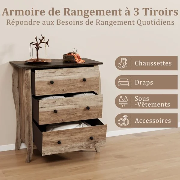 Commode pour Chambre de 76,5 cm Commode Rustique Meuble de Rangement avec 3 Tiroirs en Tissu Pliables et Kit Anti-basculement Gris