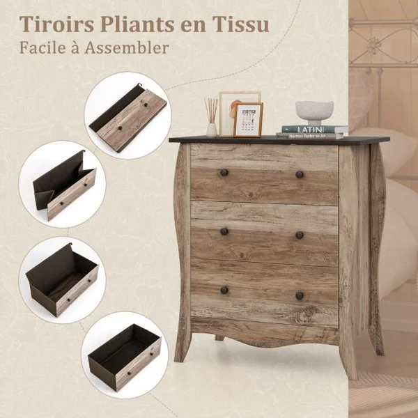 Commode pour Chambre de 76,5 cm Commode Rustique Meuble de Rangement avec 3 Tiroirs en Tissu Pliables et Kit Anti-basculement Gris