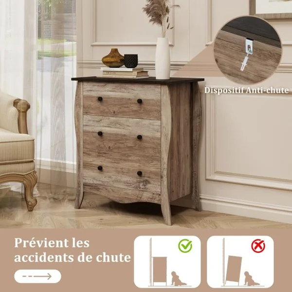 Commode pour Chambre de 76,5 cm Commode Rustique Meuble de Rangement avec 3 Tiroirs en Tissu Pliables et Kit Anti-basculement Gris
