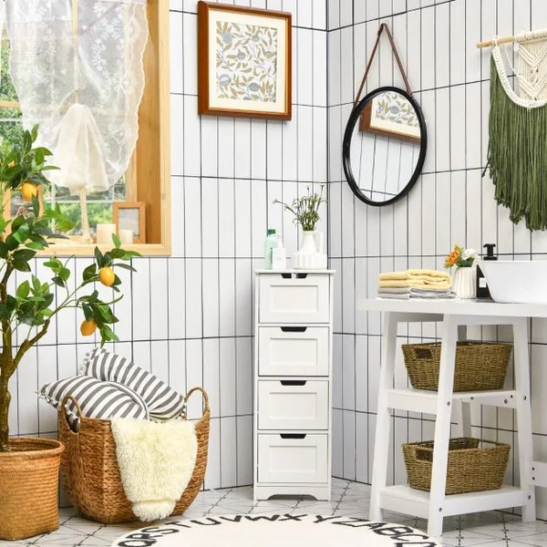 Commode Salle de Bain 4 Tiroirs Meuble Salle de Bain Blanc Meuble de Rangement Kit Anti-renversement Inclus Blanc