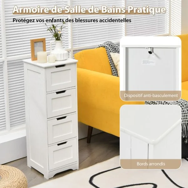 Commode Salle de Bain 4 Tiroirs Meuble Salle de Bain Blanc Meuble de Rangement Kit Anti-renversement Inclus Blanc