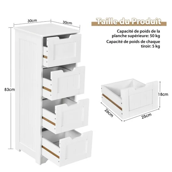 Commode Salle de Bain 4 Tiroirs Meuble Salle de Bain Blanc Meuble de Rangement Kit Anti-renversement Inclus Blanc