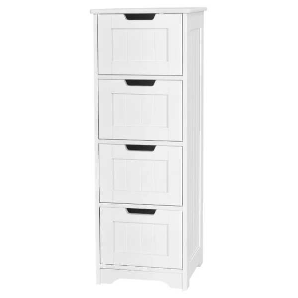 Commode Salle de Bain 4 Tiroirs Meuble Salle de Bain Blanc Meuble de Rangement Kit Anti-renversement Inclus Blanc