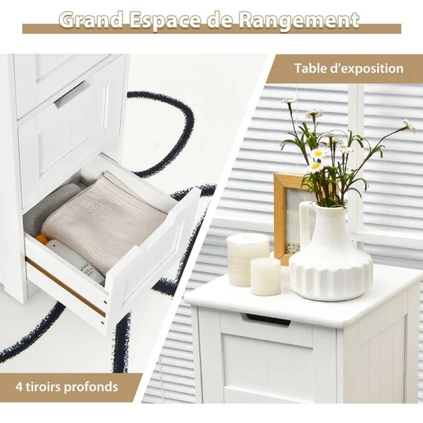 Commode Salle de Bain 4 Tiroirs Meuble Salle de Bain Blanc Meuble de Rangement Kit Anti-renversement Inclus Blanc