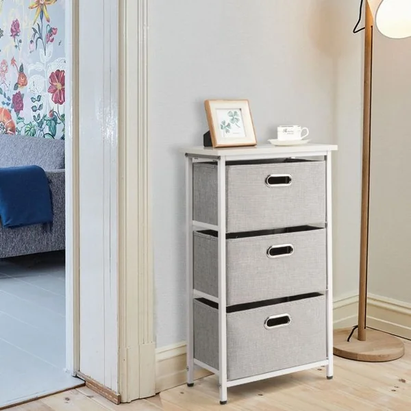 Commode à 3 Tiroirs Style Simple et Contemporain Meuble de Rangement pour Chambre en Acier et tissu 40x30x73,5cm Blanc