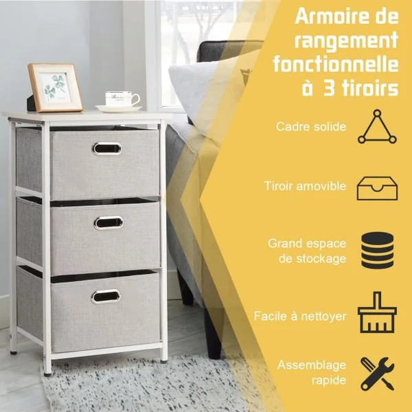Commode à 3 Tiroirs Style Simple et Contemporain Meuble de Rangement pour Chambre en Acier et tissu 40x30x73,5cm Blanc