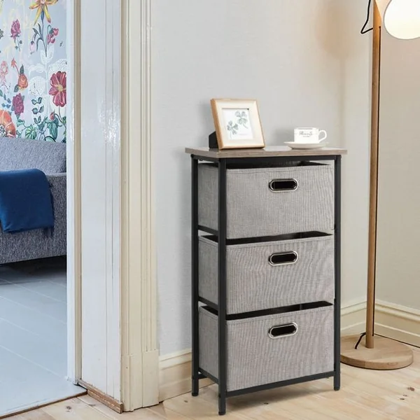 Commode à 3 Tiroirs Style Simple et Contemporain Meuble de Rangement pour Chambre en Acier et tissu 40x30x73,5cm Noir