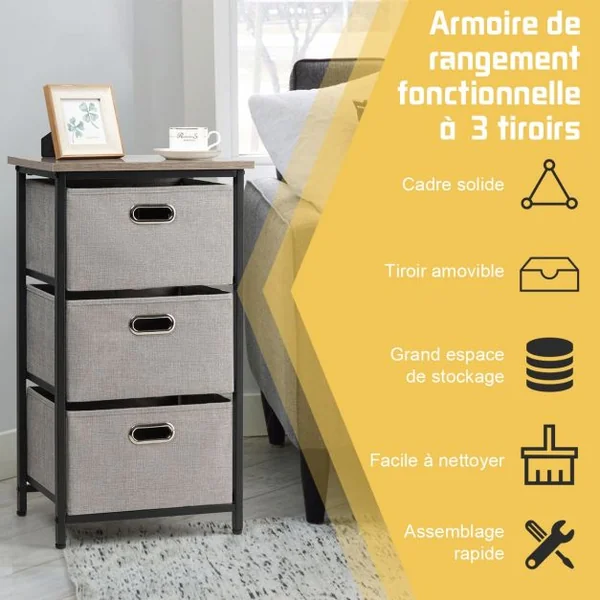 Commode à 3 Tiroirs Style Simple et Contemporain Meuble de Rangement pour Chambre en Acier et tissu 40x30x73,5cm Noir