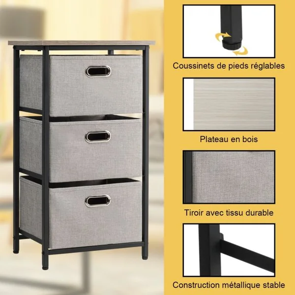 Commode à 3 Tiroirs Style Simple et Contemporain Meuble de Rangement pour Chambre en Acier et tissu 40x30x73,5cm Noir