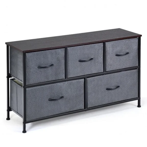 Commode à 5 Tiroirs Amovibles Armoire Basse à Tiroirs en Tissu Cadre en Fer et Mdf Capacité 50kg100x30x55cm Brun Café