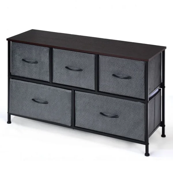 Commode à 5 Tiroirs Amovibles Armoire Basse à Tiroirs en Tissu Cadre en Fer et Mdf Capacité 50kg100x30x55cm Brun Café