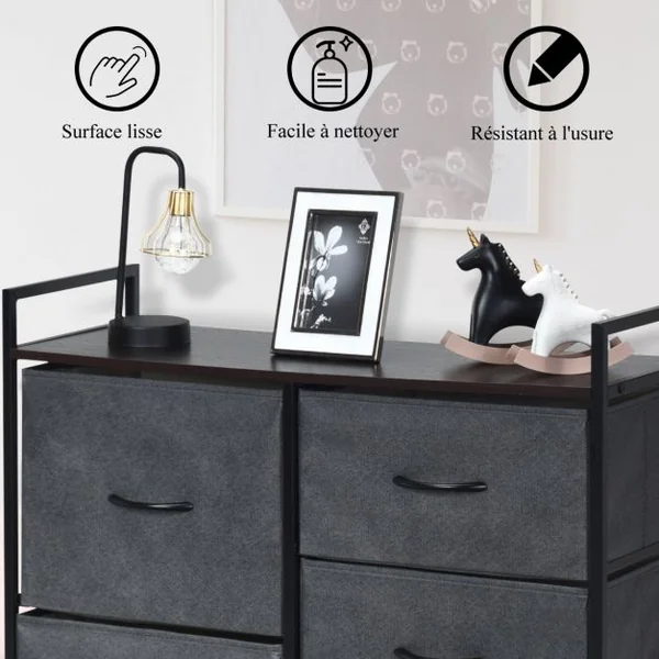 Commode à 5 Tiroirs Amovibles Armoire Basse à Tiroirs en Tissu Cadre en Fer et Mdf Capacité 50kg100x30x55cm Brun Café
