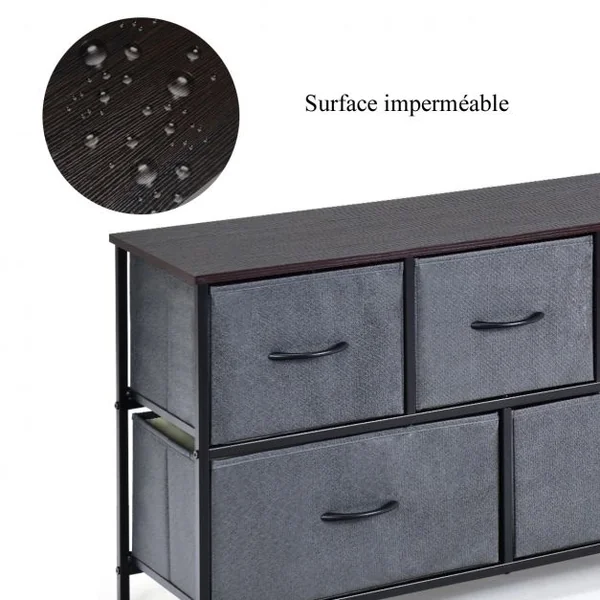 Commode à 5 Tiroirs Amovibles Armoire Basse à Tiroirs en Tissu Cadre en Fer et Mdf Capacité 50kg100x30x55cm Brun Café
