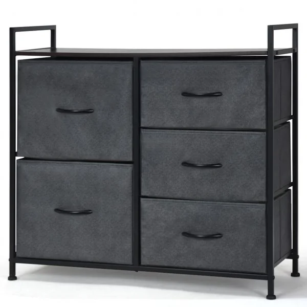 Commode à 5 Tiroirs Amovibles Armoire Basse à Tiroirs en Tissu Cadre en Fer et Mdf Capacité 50kg83x29x77cm Brun Café