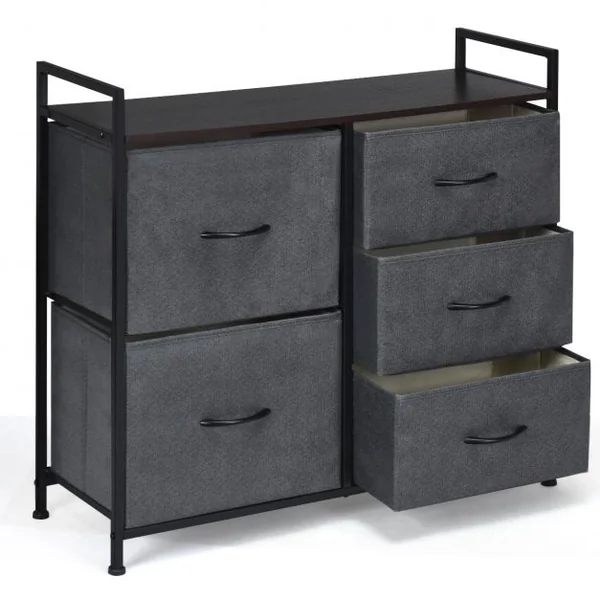 Commode à 5 Tiroirs Amovibles Armoire Basse à Tiroirs en Tissu Cadre en Fer et Mdf Capacité 50kg83x29x77cm Brun Café
