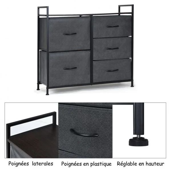 Commode à 5 Tiroirs Amovibles Armoire Basse à Tiroirs en Tissu Cadre en Fer et Mdf Capacité 50kg83x29x77cm Brun Café