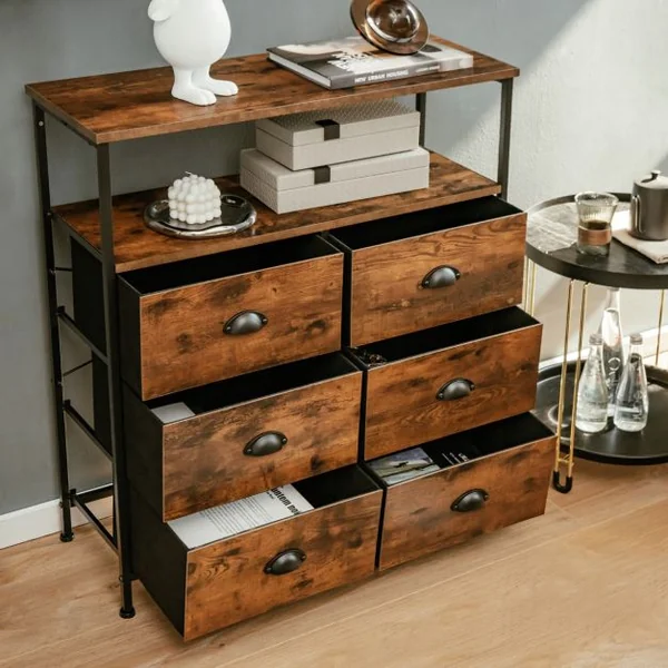 Commode à 6 Tiroirs avec 6 Tiroirs en Tissu Amovibles et Pliables pour Entrée de Chambre à Coucher de Salon