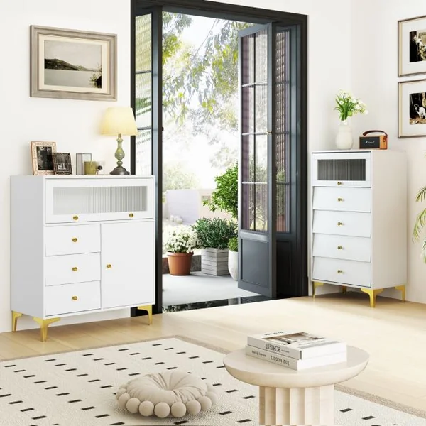Commode à Coucher Armoire de Rangement avec Porte en Verre Strié Basculante et Tiroirs Coulissants Pieds en Métal Blanc