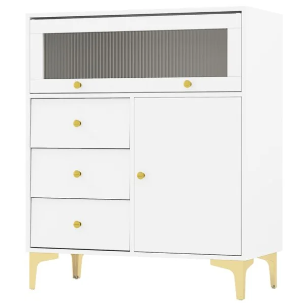 Commode à Coucher Armoire de Rangement avec Porte en Verre Strié Basculante et Tiroirs Coulissants Pieds en Métal Blanc