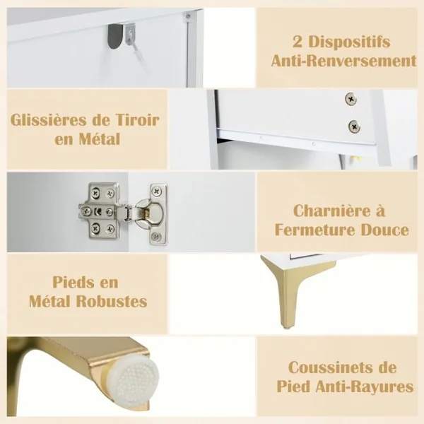 Commode à Coucher Armoire de Rangement avec Porte en Verre Strié Basculante et Tiroirs Coulissants Pieds en Métal Blanc