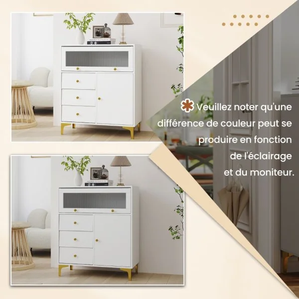 Commode à Coucher Armoire de Rangement avec Porte en Verre Strié Basculante et Tiroirs Coulissants Pieds en Métal Blanc