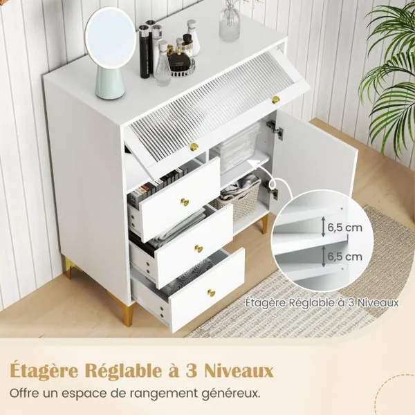 Commode à Coucher Armoire de Rangement avec Porte en Verre Strié Basculante et Tiroirs Coulissants Pieds en Métal Blanc