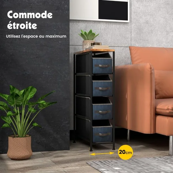 Commode Étroite avec 4 Tiroirs en Tissu Petit Meuble 20 CM de Largeur avec Cadre en Métal Meuble Tiroir Rangement