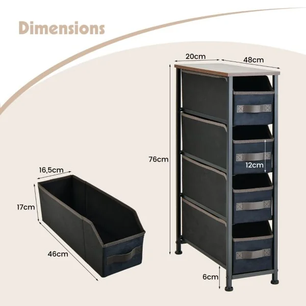 Commode Étroite avec 4 Tiroirs en Tissu Petit Meuble 20 CM de Largeur avec Cadre en Métal Meuble Tiroir Rangement