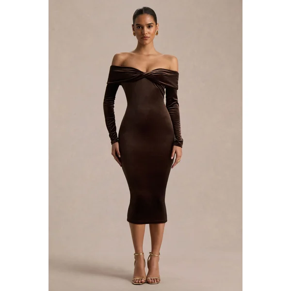 Compliment | Robe mi-longue en velours marron à encolure bardot