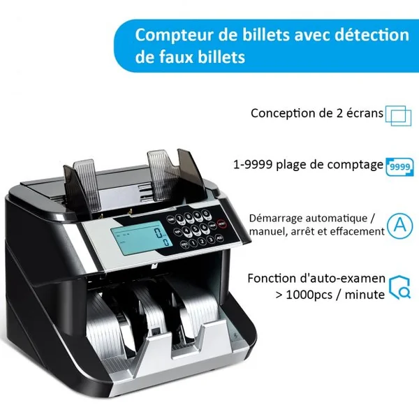 Compteur de Billets de Banque Machine à Compter avec 2 Écrans Démarrage Auto/Manuel 1000 Billets/Min 242x276x245cm