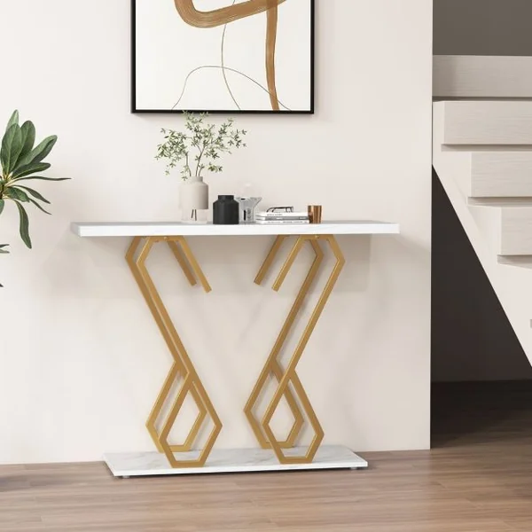 Console en Faux Marbre Table de Foyer Repose-pieds Réglables Kits Anti-basculement Cadre en Métal pour Le Salon Blanc et Doré