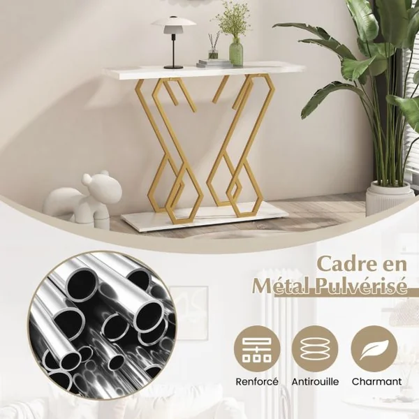 Console en Faux Marbre Table de Foyer Repose-pieds Réglables Kits Anti-basculement Cadre en Métal pour Le Salon Blanc et Doré