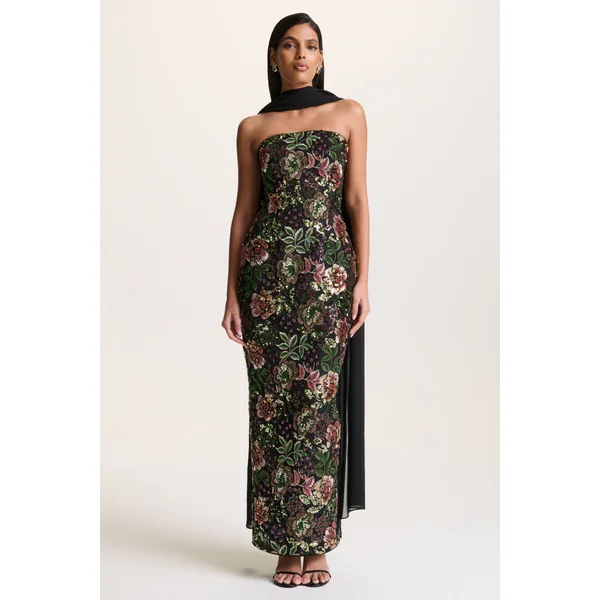 Cora | Robe longue en tulle orné motif floral hivernal à encolure bandeau et détail foulard