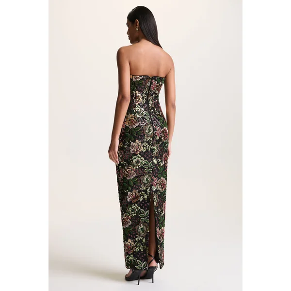 Cora | Robe longue en tulle orné motif floral hivernal à encolure bandeau et détail foulard