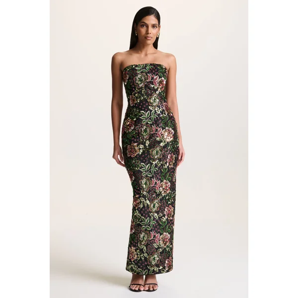 Cora | Robe longue en tulle orné motif floral hivernal à encolure bandeau et détail foulard
