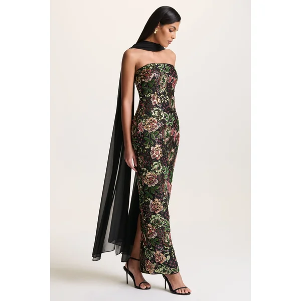 Cora | Robe longue en tulle orné motif floral hivernal à encolure bandeau et détail foulard