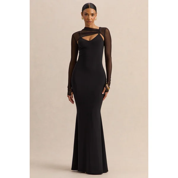 Coralia | Robe longue noire à encolure asymétrique avec manches longues en mesh