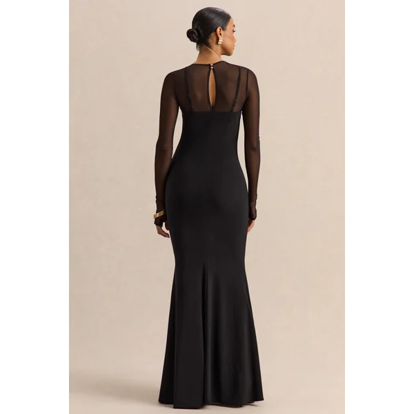 Coralia | Robe longue noire à encolure asymétrique avec manches longues en mesh