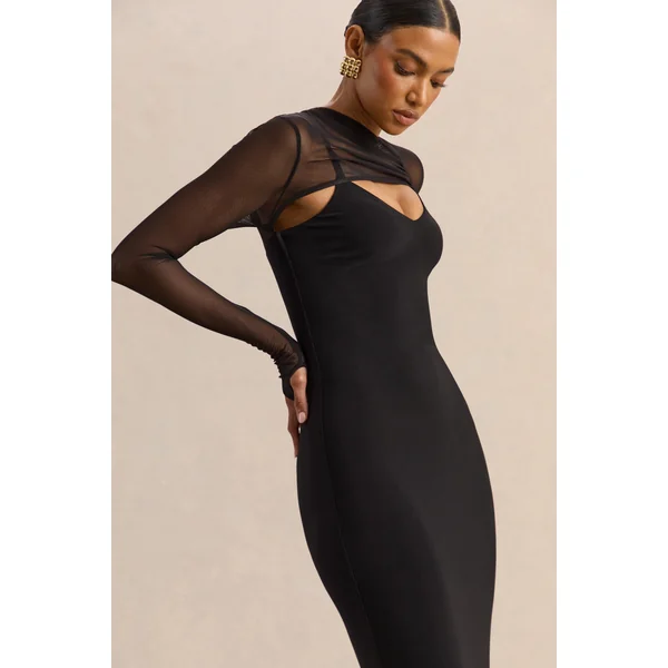 Coralia | Robe longue noire à encolure asymétrique avec manches longues en mesh