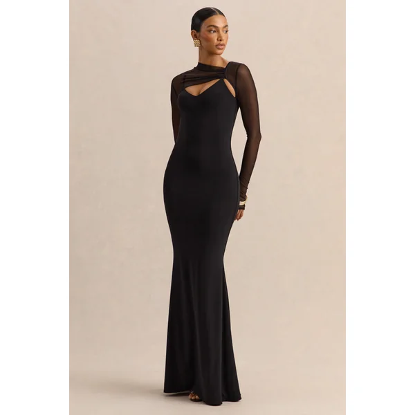 Coralia | Robe longue noire à encolure asymétrique avec manches longues en mesh