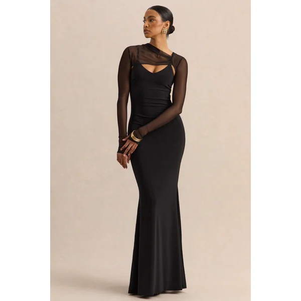 Coralia | Robe longue noire à encolure asymétrique avec manches longues en mesh