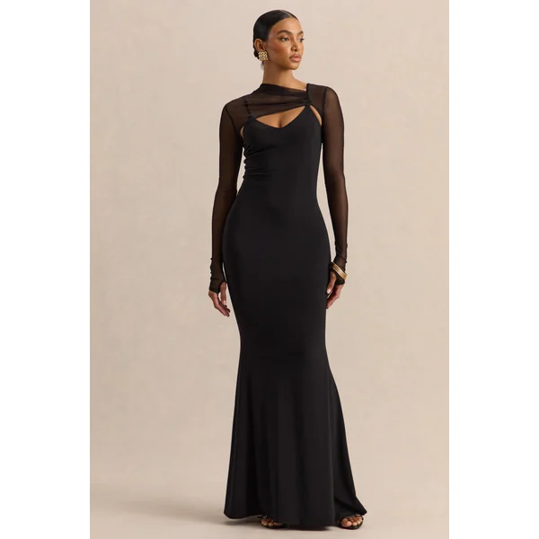 Coralia | Robe longue noire à encolure asymétrique avec manches longues en mesh