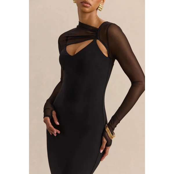 Coralia | Robe longue noire à encolure asymétrique avec manches longues en mesh
