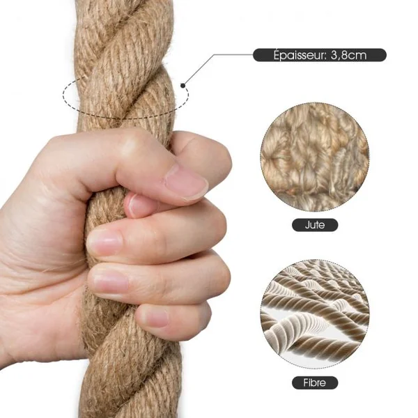 Corde de Chanvre 3M Diamètre de 38MM Corde de Sport en Jute Poignées en Caoutchouc